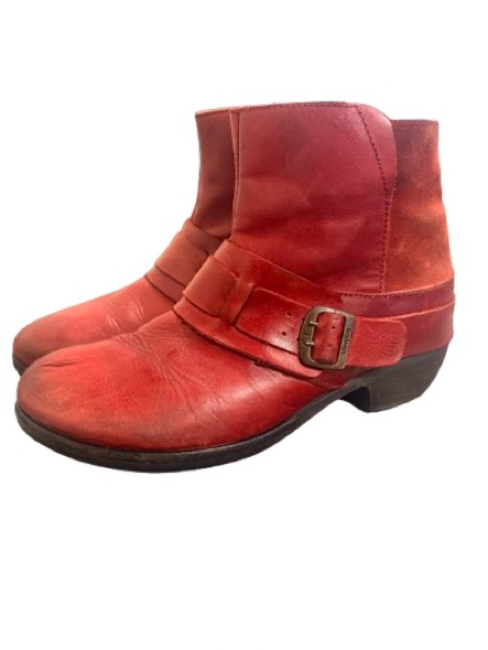 Fly London Red Leather Ankle Boots Buckle Moto Side Zip EU 39 US 8.5-9